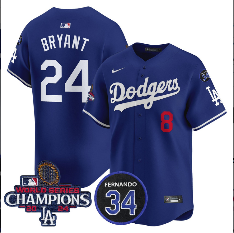 Men MLB Los Angeles Dodgers 24 Bryant blue 2024 World Series Champions Patch Limited Jersey